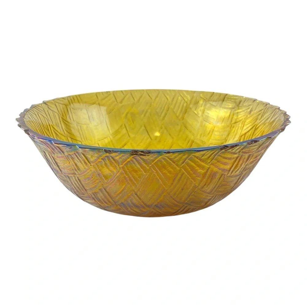 Vintage Indiana Glass Weavetex Basketweave Bowl Marigold Carnival Glass MCM 9”